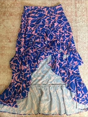 Pink & Royal Blue Floral Ruffle Midi Skirt